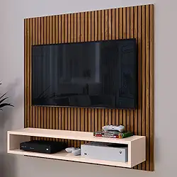 Painel Suspenso Com Prateleira TV 32 Polegadas Nicho Para Parede Sala Quarto Escritório Salão Decor (Ripado/Off White)