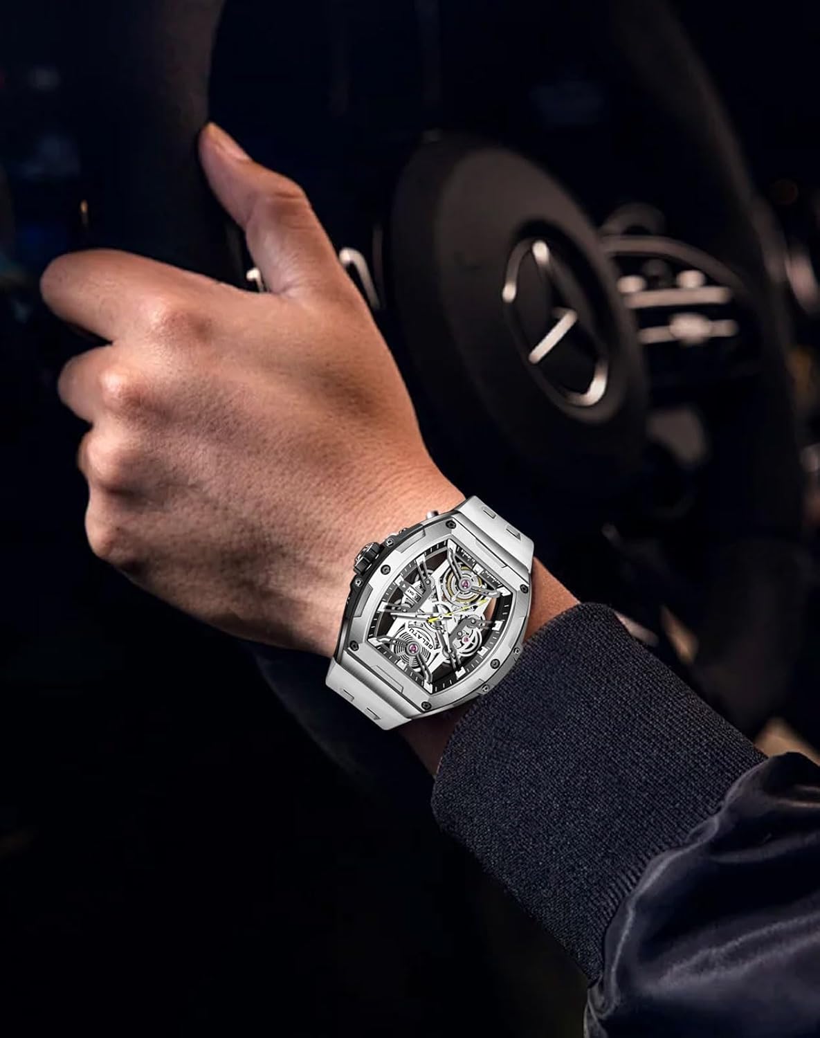 OLEVS Men Automatic Watch Diamond Skeleton Mechanical Original Luxury Self Winding Moon Phase Calendar Waterproof Wrist Watch for Men