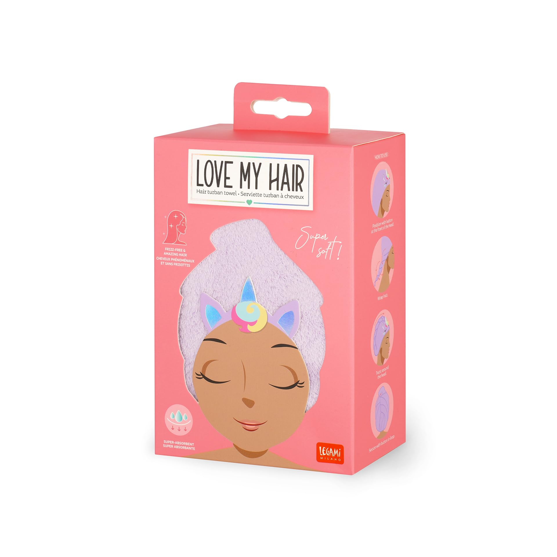 Legami - Turbante per Capelli Love My Hair, Asciugatura Rapida, in Microfibra, Super Assorbente, Morbido, Anti-Crespo, Asciugamano per Capelli Donna, Chiusura con Bottone, Tema Unicorn