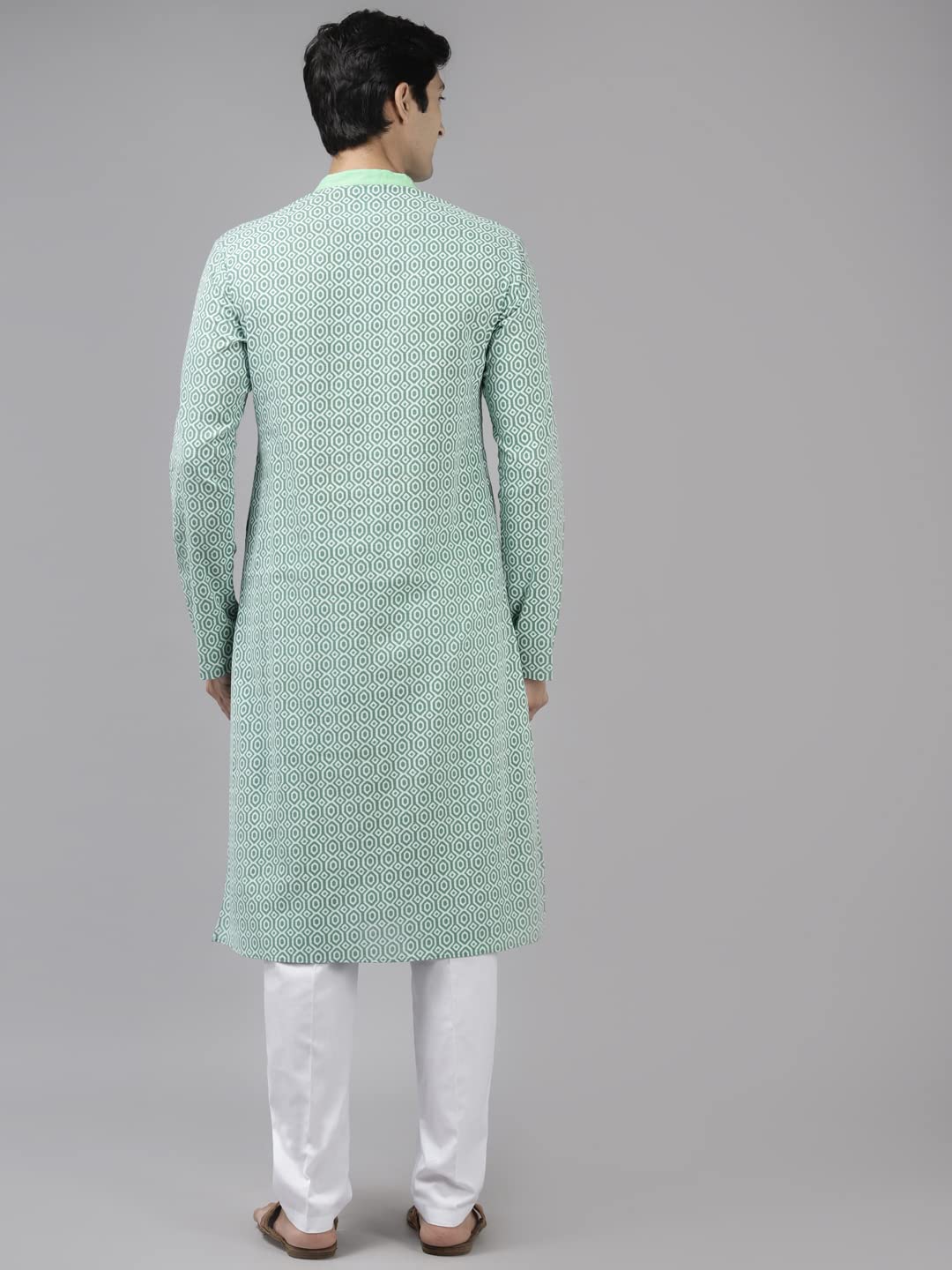 See Designs Men Green & White Printed Pure Cotton Straight Kurta_Sdkt1035M