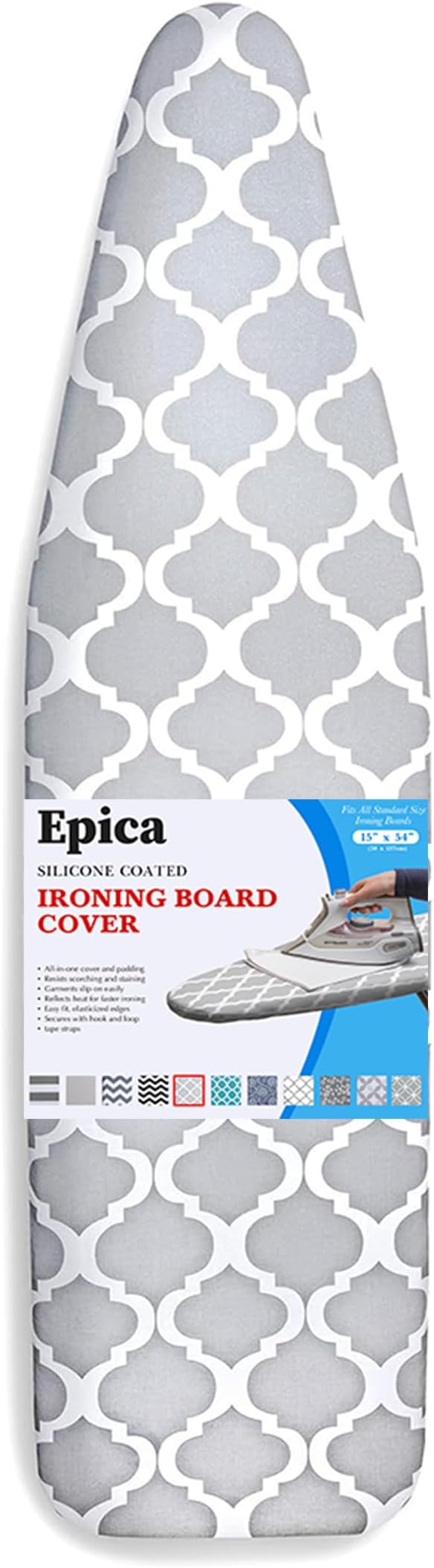 Epica Ironing Board Cover and Pad - Standard Size 15x54 Padded Ironing Board Covers, Heat Reflective Coating, Scorch & Stain Resistant Iron Board Cover with Padding Grey & White Lattice