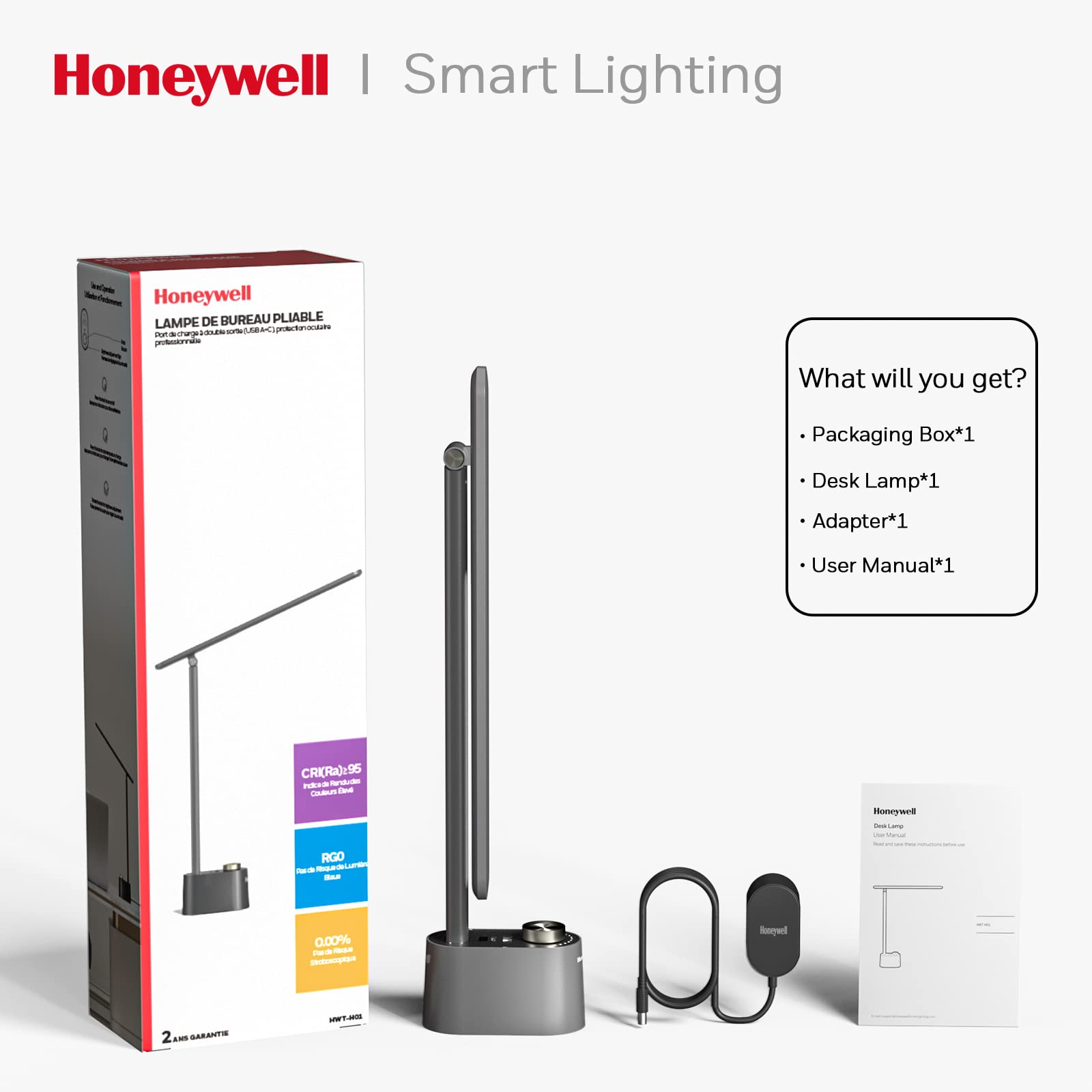 Honeywell H01 LED-Schreibtischlampe, Faltbar & Stufenlos Dimmbar, Grau | Sunturalux augenschonende Leuchte mit Ladeanschlüssen, dimmbar zum Lesen für Home-Office, Schlafzimmer und Studentenwohnheim