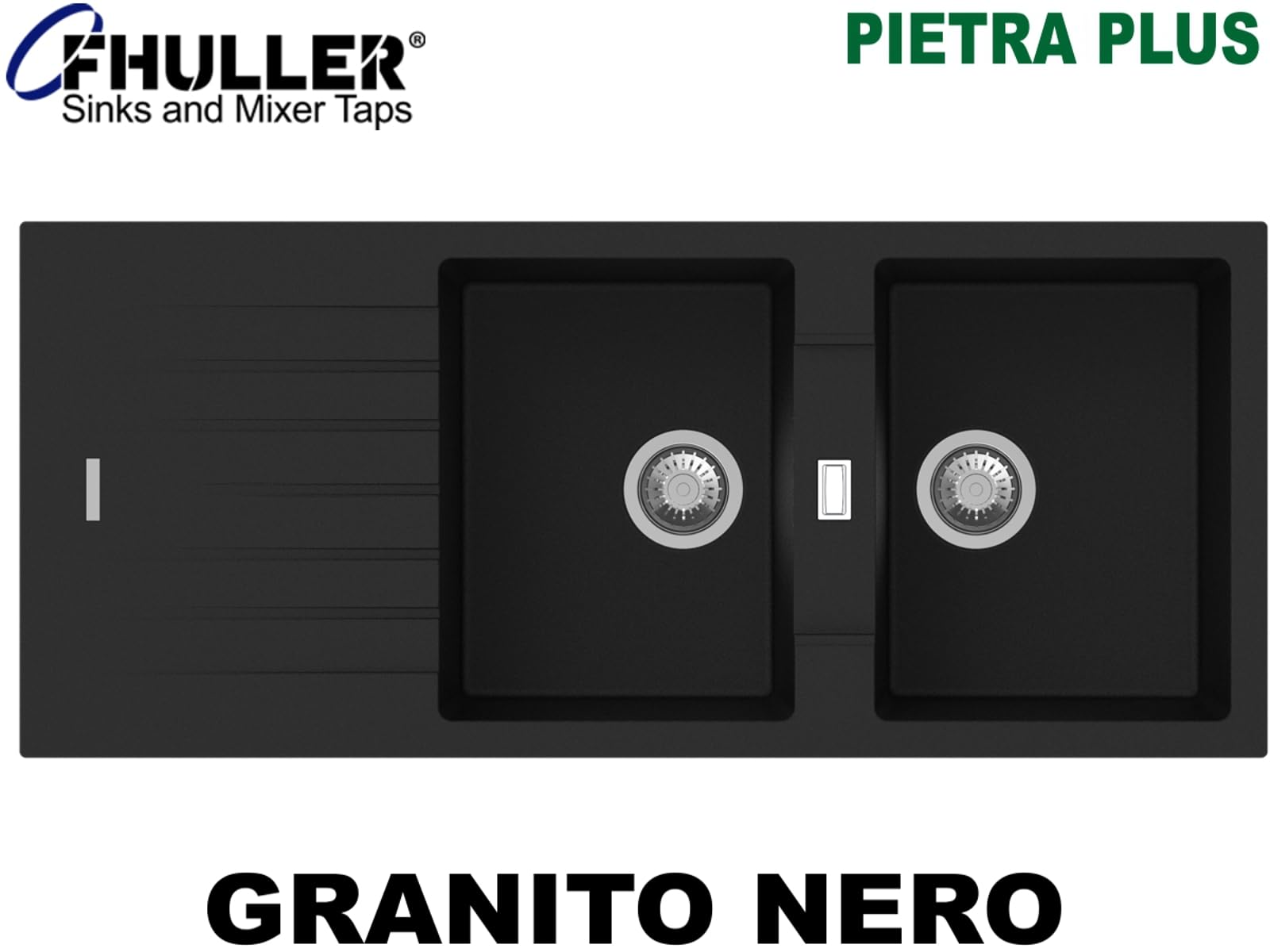 PTPL1162GB Lavello da Incasso, 116x50 cm, 2 Vasche con Gocciolatoio, Granito Nero, Serie Pietra Plus
