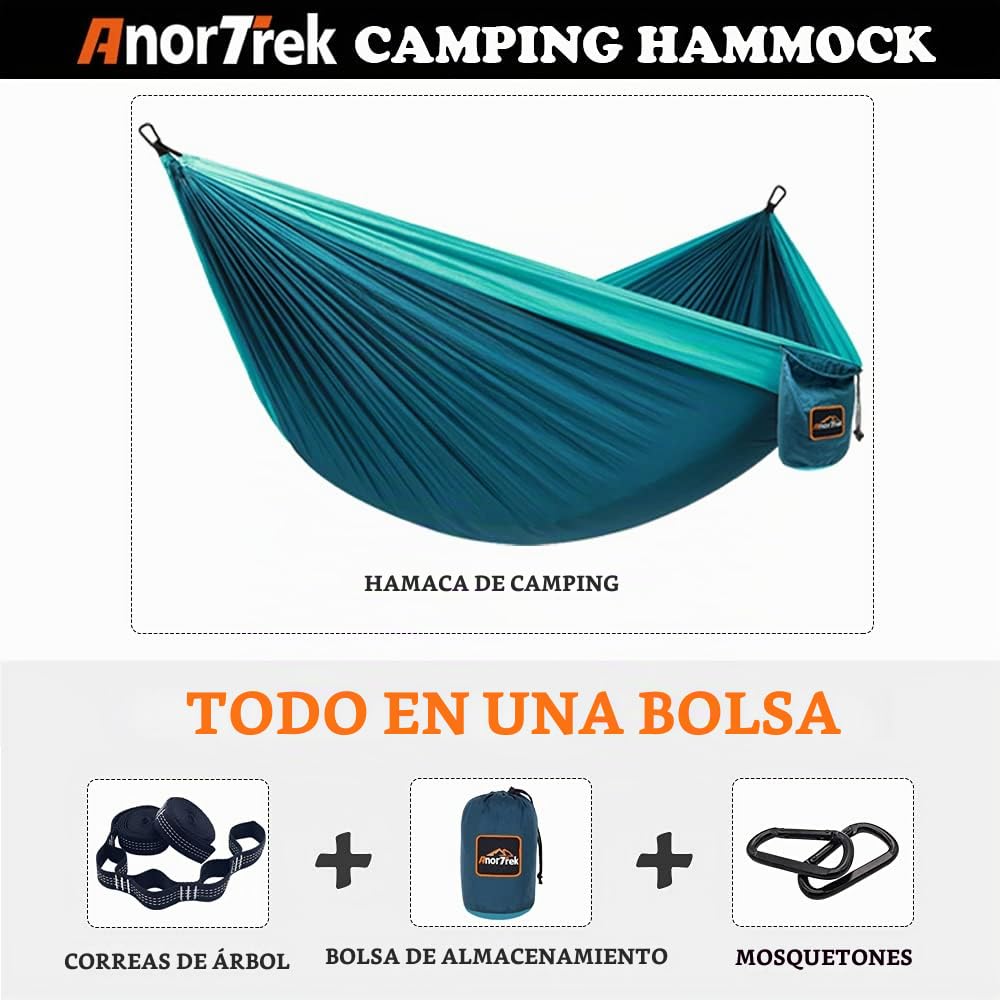 AnorTrek Hamaca de Camping, Súper Ligera y Portátil, de Paracaídas con Dos Correas para Árboles, Hamacas de Viaje de Nylon Individuales o Dobles para Acampar, Mochilero y Senderismo