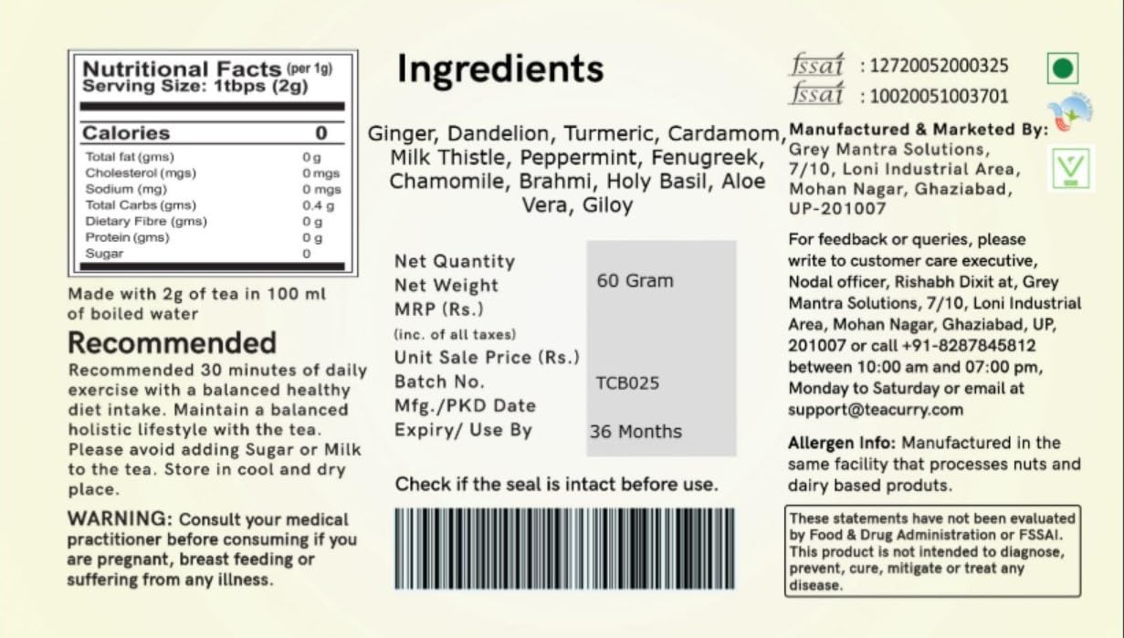 TEACURRY Fatty Liver Tea (1 Month Pack, 30 Tea Bags) – Helps With Fatty Liver Detox, Ginger, 60 Gms