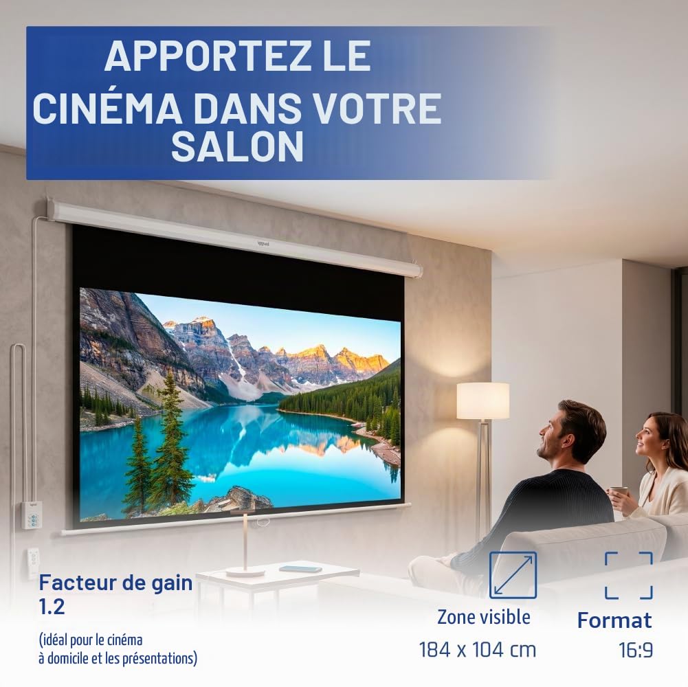 iggual Écran de Projection 84" Pouces - Électrique Enroulable - Panoramique 16:9 - Chute Réglable - Télécommande et Interrupteur Aux - Adapté Mur/Plafond - Compatible 4k, Tout Projecteur (184x104 cm)