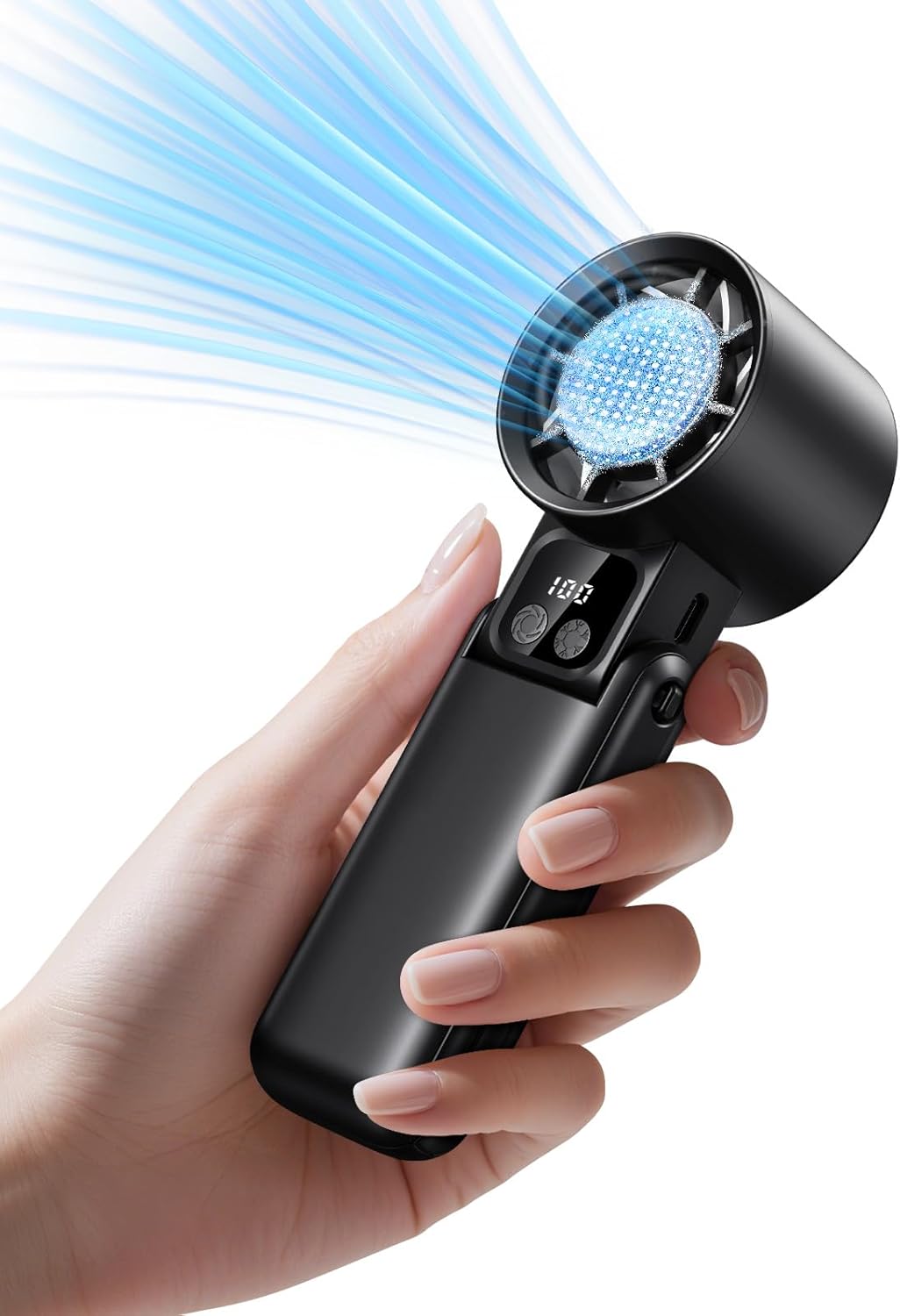 Portable Handheld Fan with Ice Cooler, 5 Gear Wind,Hand Fans with 15000RPM Air Turbo Tech, 3-in-1 Foldable Fans,Digital Display, Rechargeable, Small Portable Fan for Travel,Hiking,Beach,Office