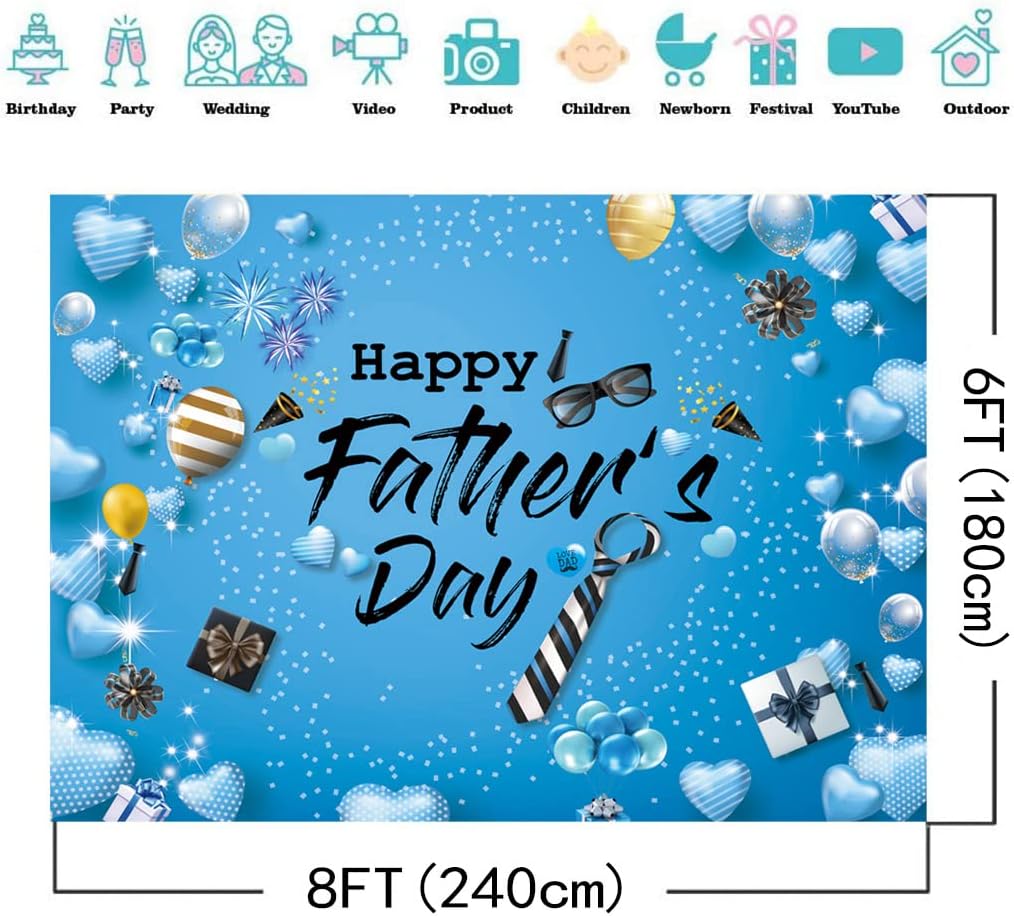 8X6FT Happy Father's Day Backdrop Necktie Blue Backdrops Family Prom Father's Day Party Supplies Decorations Banner Photography Background DH-403