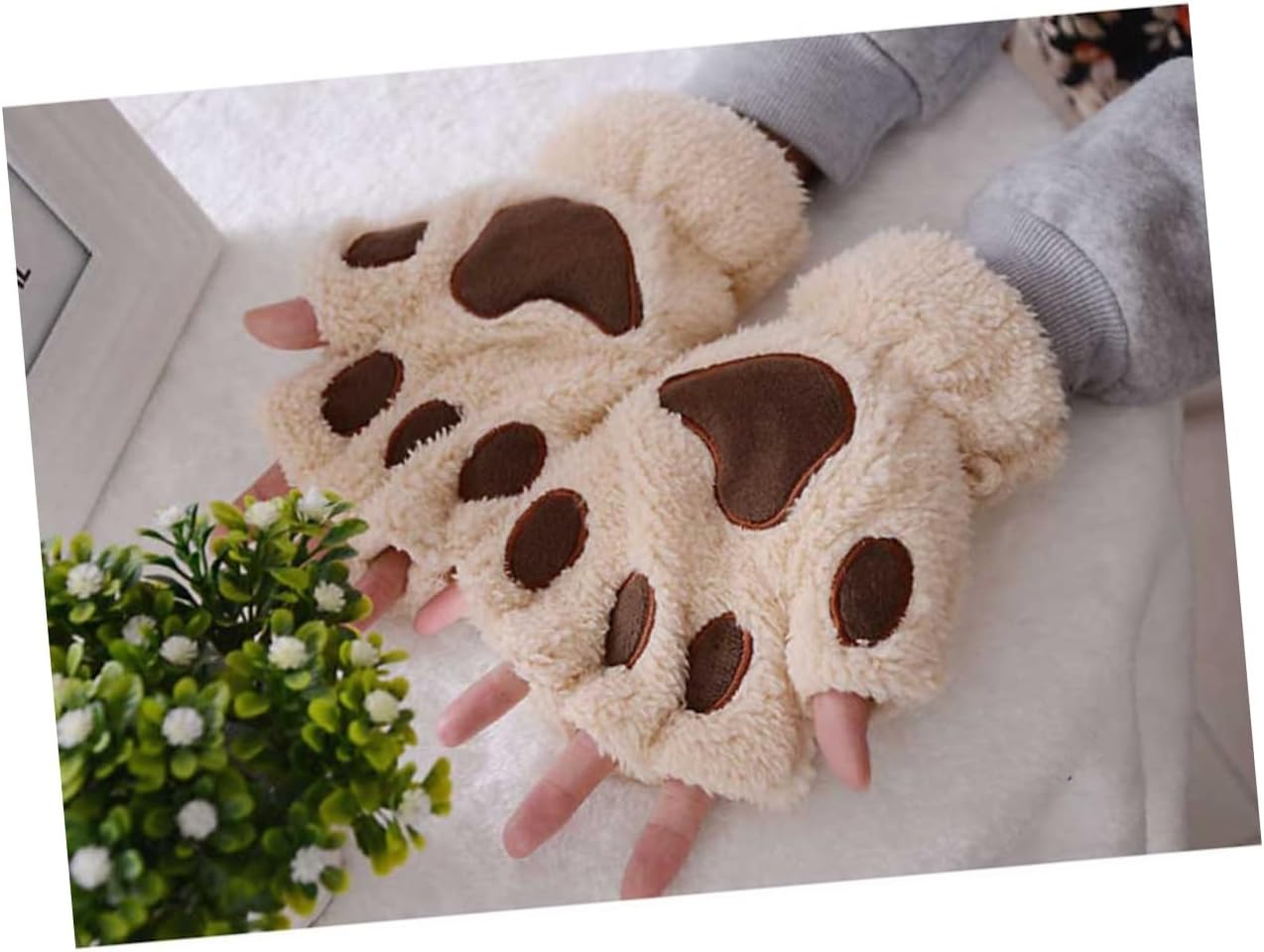 Plush Fingerless Gloves for Warm Half-finger Mittens Wrist Rope Soft and Comfortable Design Beige
