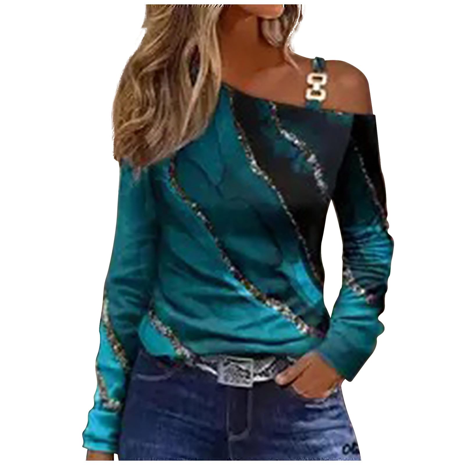 fesfesfesWomens Cold One Sleeve Shoulder Tops Long Sleeve Shirts Sexy Casual Blouse Solid Gradient Color Block Slim Fit Blouse