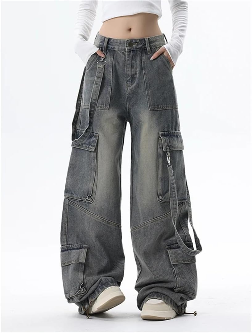 Women Blue Jeans Cargo Pants High Waist Wide Leg Pants Style Winter Straight Trousers