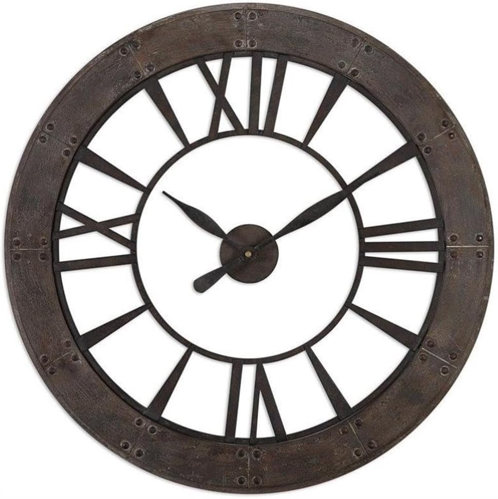 BOWERY HILL Contemporary Wall Clock, 40 x 40 in, Fir and Metal, Dark Rustic Bronze Finish with Rust Gray Frame, Quartz Movement, Indoor Designer Clock for Home or Office Decor