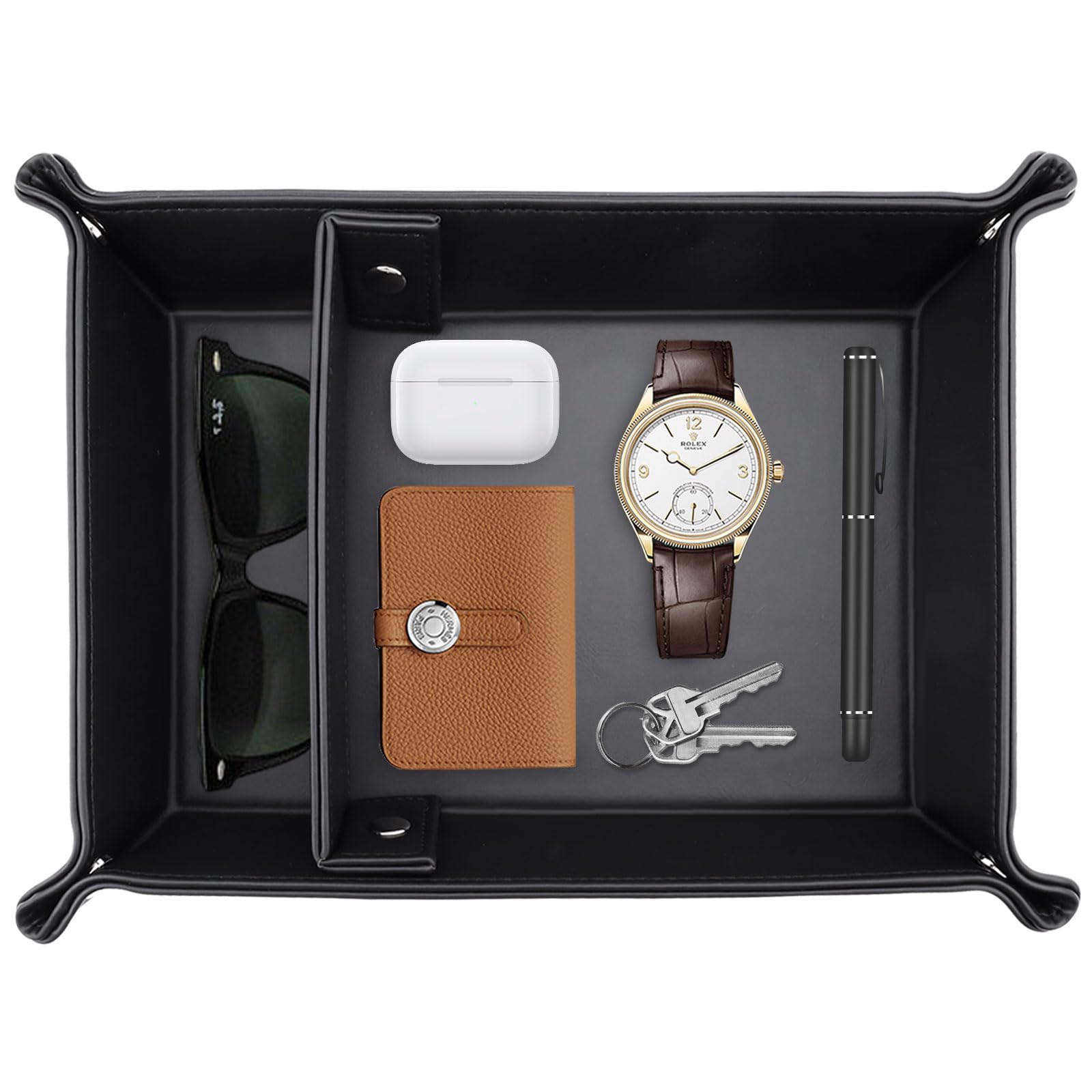 Diakey Men's Black Leather Valet Tray For 2 Slots Nightstand Organizer Entryway Table Catchall Tray Vanity Tray Bedside Caddy For Key, Wallet, Watch, Phone, Coin, Jewelry,