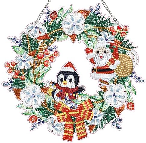 AZURAOKEY Christmas Diamond Art Painting Wreath Hanging Sign, DIY 5D Crystal Rhinestone Wreath Kits, Xmas Garland Round Drill Crystal Wreath Mosaic Crafts Painting Kits for Adults-25cm