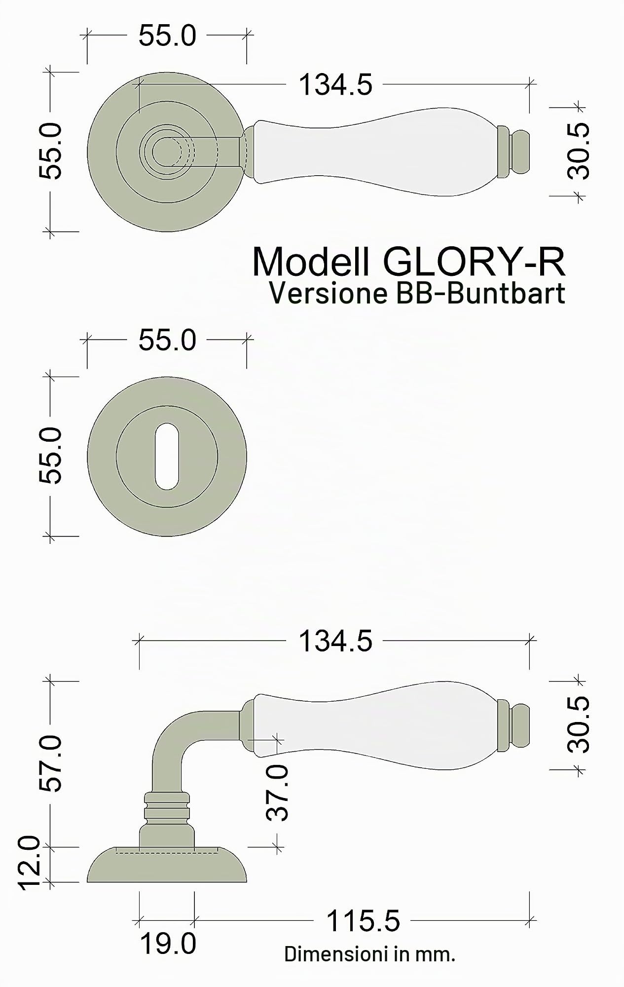 Gedotec GLORY-R - Maniglia per porte interne, porte in legno, ottone lucido, porcellana, BB – barba, 1 pezzo con materiale di fissaggio incluso