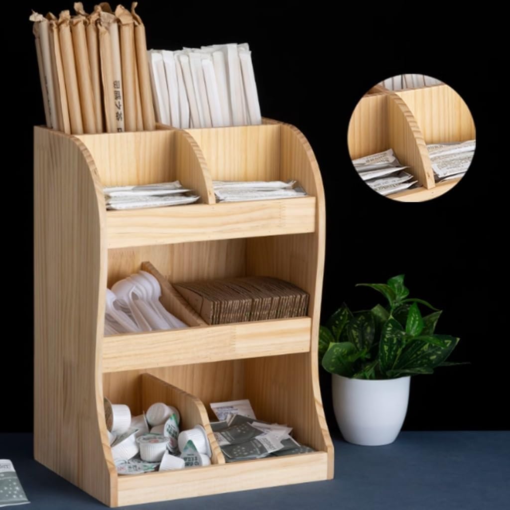 Coffee Station Organizer, 8Compartments Condiment Rack,Straw, Spoon Box Paper Towel Shelf for Office Lounge Reception Room (Natural 28 * 22 * 39.5cm)