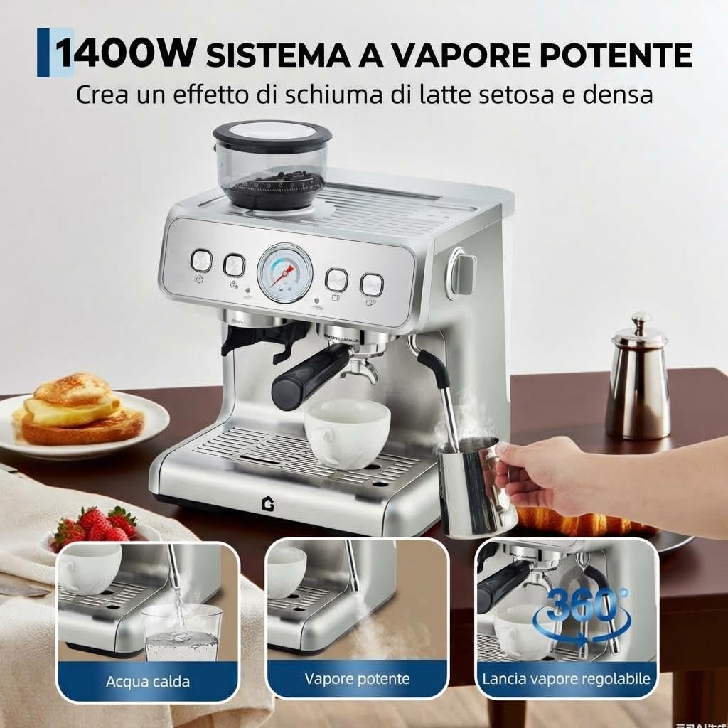 Macchina da caffè espresso semiautomatica con macinacaffè integrato - 20 bar di pressione - 30 livelli di macinatura - serbatoio 2,8L - montalatte a vapore per cappuccino e latte - acciaio