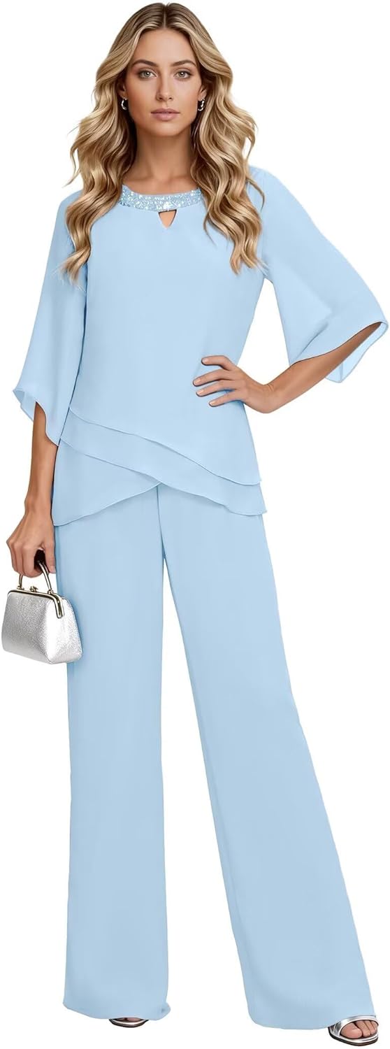 2 Pieces Mother of The Bride Pant Suits with Short Sleeves Chiffon Formal Grandmother Pantsuit Outfits for Wedding