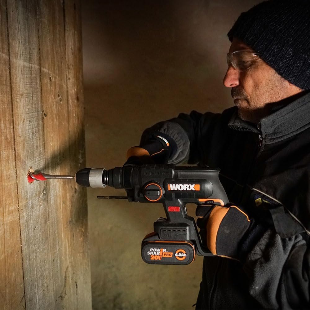 WORX Nitro WX381.9 - Martello pneumatico senza spazzole da 20 V, per forare, perforare a martello e scalpellare, 2 Joule, senza batteria e caricatore