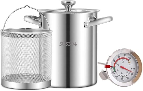 304 Stainless Steel Deep Fryer with Oil Strainer Basket & Thermometer, 169 Oz Deep Fryer Pot Kitchen Tempura Small Deep Frying Pot for Tempura chips, Fries, Fish, and Chicken