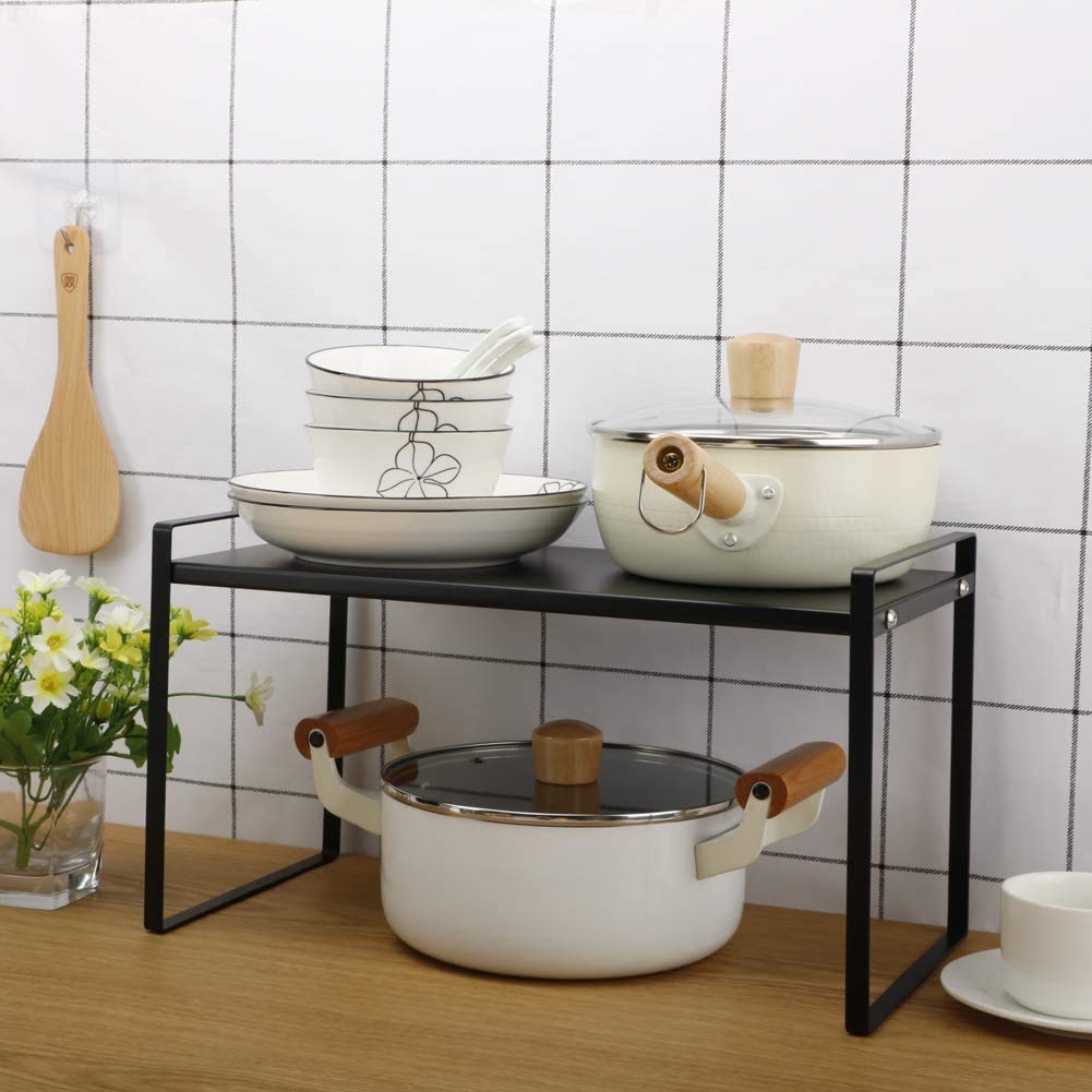 Cuisine Métal Demi Etagere Étagère rétractable en Coin pour Placard économise l’espace pour Armoires de Comptoirs, Garde-manger, Aliments et Ustensiles,（14.2-23.6）”L X 8.3”W X 9.1”H(Noir,Plus élevé)