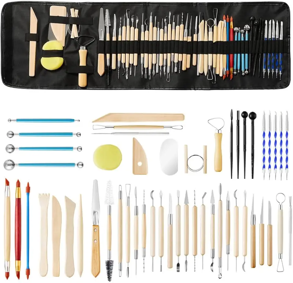 Kit Profissional de Ferramentas para Modelagem, 52 Peças, Estecas Dupla Face com Bolas Metálicas e Pontas de Madeira, Ideal para Cerâmica Fria e Artesanato, Com Bolsa organizadora