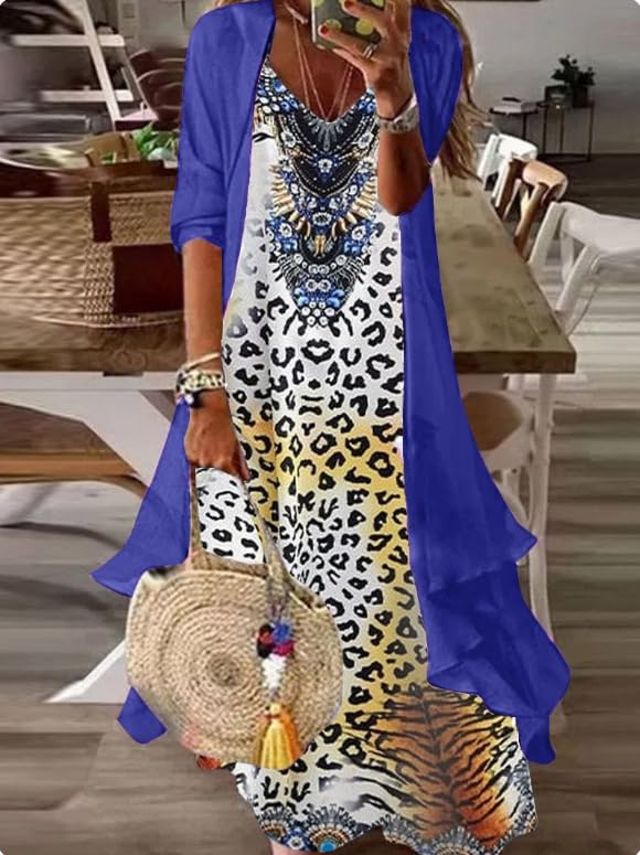 Geleglaer Women Casual Two-Piece Set Boho Floral Print Maxi Dress with Cardigan Irregular Hem Flowy Loose Wedding Guest Dress2