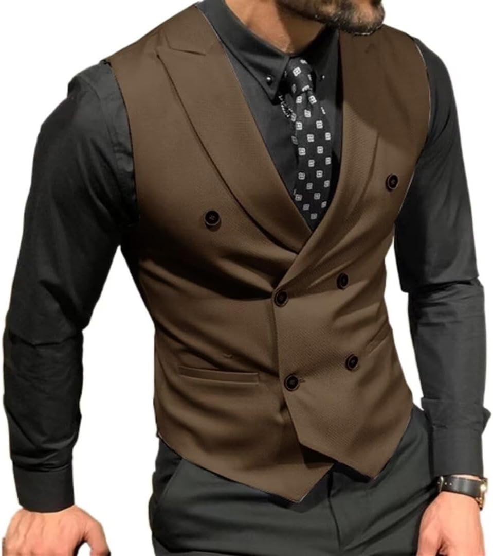 Men's Double Breasted Suit Vests Casual Business Vests Slim Fit Waistcoatfor Wedding Groom Dating