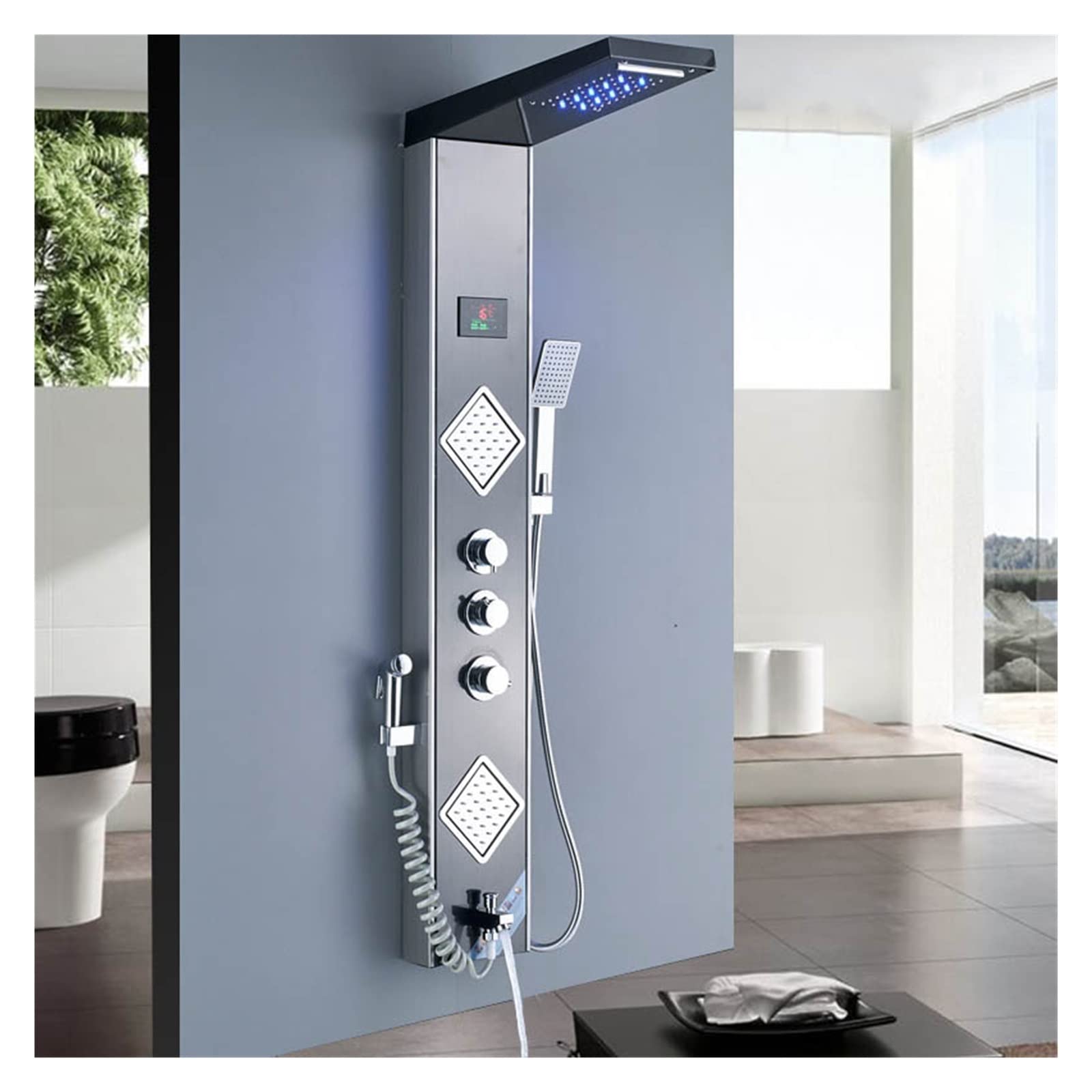 Soywim Black Grey Color Shower System, Rain Waterfall Led Shower Panel Black Column Tower Digital Screen Temp 3 Handle Mixer Tap Spray Bidet Faucet(Black Grey Color)