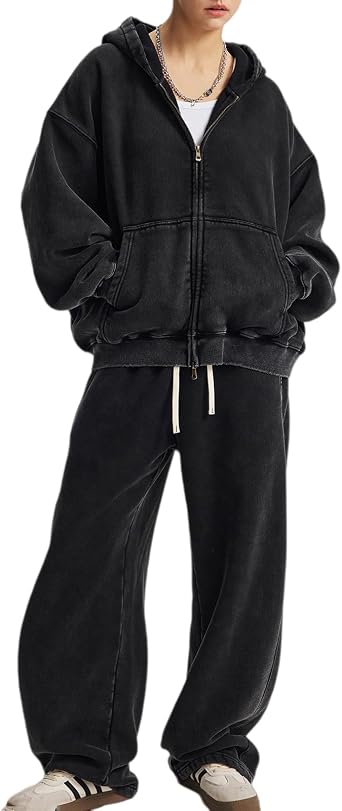 KEEPSHOWING Women Boxy Cropped Washed Zip Up Hoodie and Baggy Sweatpants Set Oversized Vintage Fleece Sweatsuits for Men