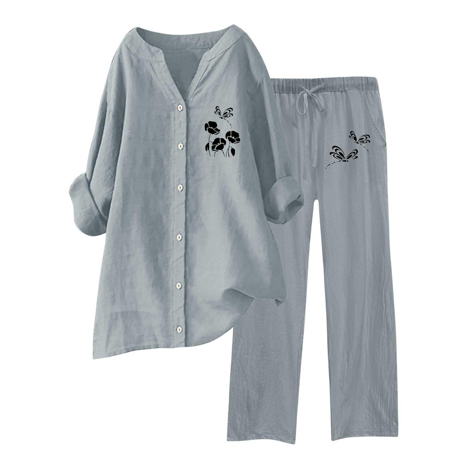 Hosenanzug Damen Hochzeit 2-teiliges Damen-Outfit, weites Bein, Bluse, Taschen, elastische Hose, lässiges V-Ausschnitt-Hemd, Hose, modische Streetwear Damen Zweiteiler Set Elegant Modisch Lässig
