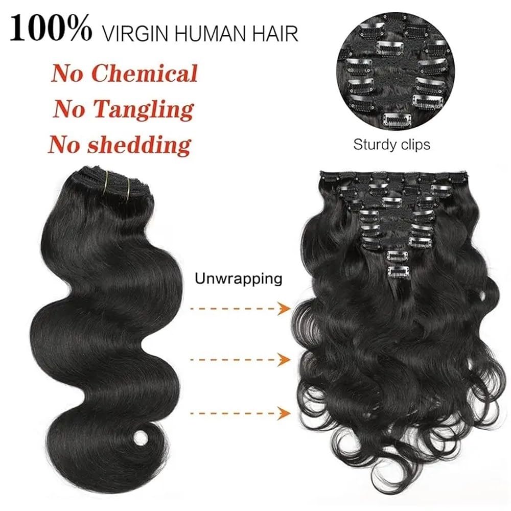 Dopinki do przedłużania włosów Body Wave Clip in, prawdziwe włosy, 120 g, podwójne pasmo, nr 1B, naturalna czerń, 25,4-66 cm, na całą głowę, miękkie (61 cm)
