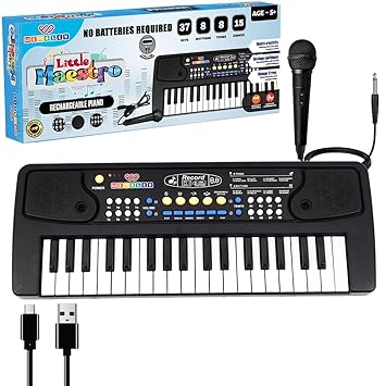 Wembley Kids Piano with Mic - Rechargeable & Portable Electronic Keyboard Musical Toy for Beginners Boys & Girls Ages 3-9 Years with Recording, 37 Keys, 8 Rhythms, 8 Tones, 6 Demos Function - Black