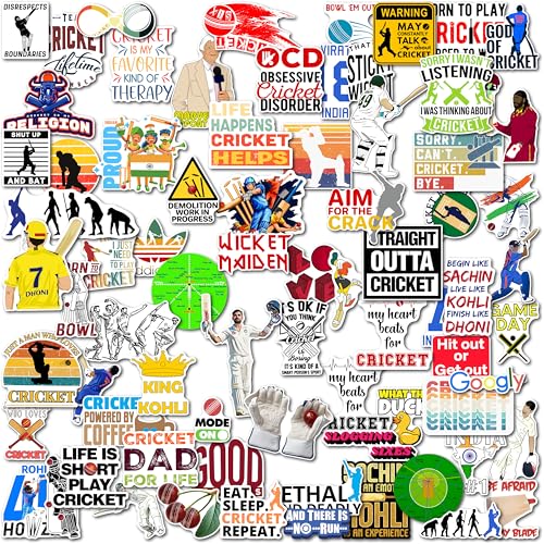 Image of WallDesign 76 Cricket Stickers Set for Mobile, Laptop, Accessories, Gifting - Durable, Laminated, Quality Printed Vinyl Graphics for Men, Sports Fans, self-adhesive, 2 inch
