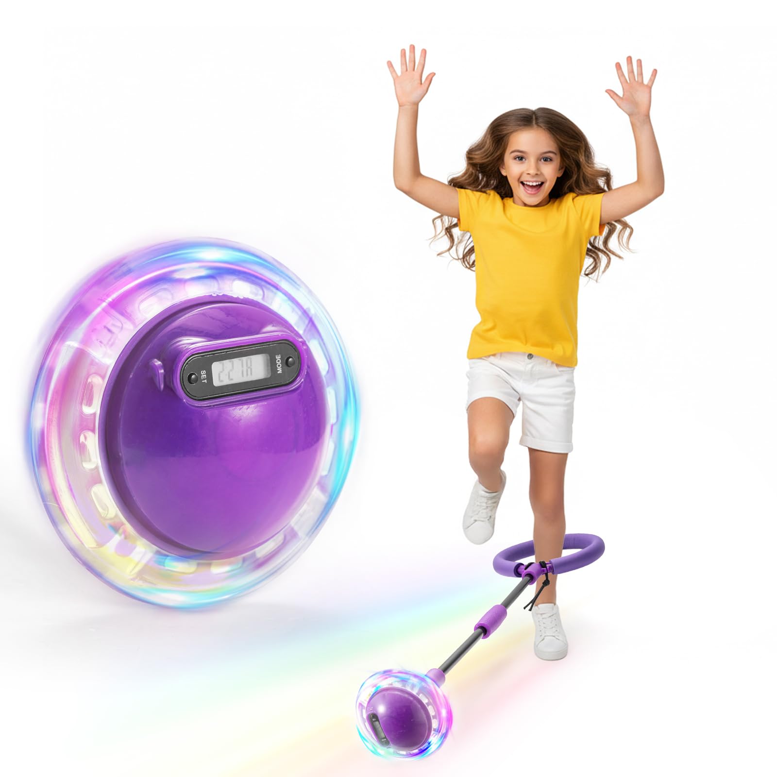 BREEZENEST Ankle Skip Ball with Counter, Timer, Cal Calculator, Foldable Foot Skipping Ball with LED Lights, Portable Sports Jump Rope Toy with Carrying Bag Purple