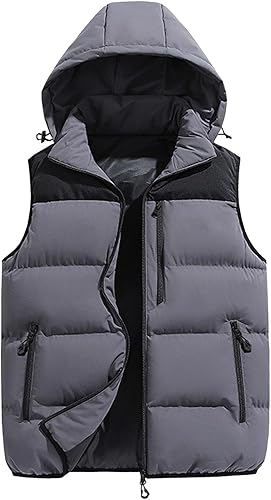 Chaleco de invierno para hombre, acolchado, sin mangas, con capucha extraíble, informal, con cremallera y cálido.