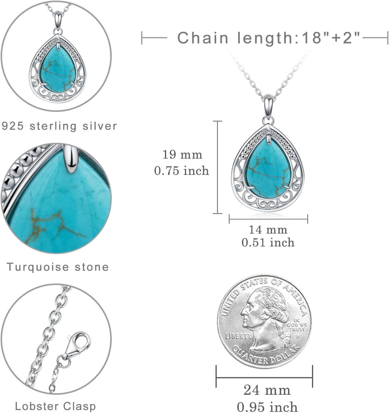 925 Sterling Silver Real Turquoise Necklace - Genuine Turquoise Pendant Silver Turquoise Jewelry for Women - Natural Stone Necklace - Image 4