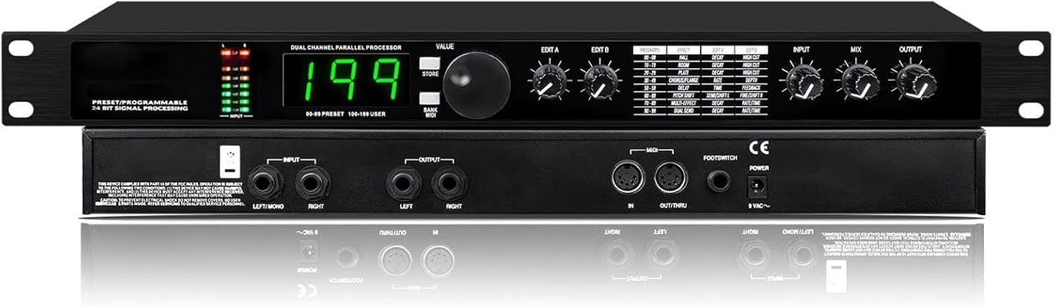 Audio Processor Equalizer, Digital Reverb Multi Effect DSP Processor, Preset/Programmable 24 Bit Signal Processing, for Studio, Stage Performance, 99 Preset Programs