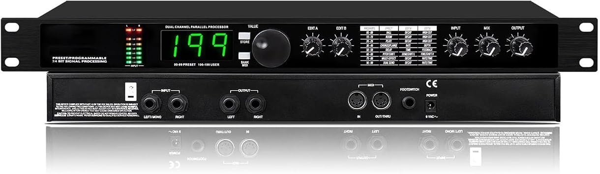 Audio Processor Equalizer, Digital Reverb Multi Effect DSP Processor, Preset/Programmable 24 Bit Signal Processing, for Studio, Stage Performance, 99 Preset Programs