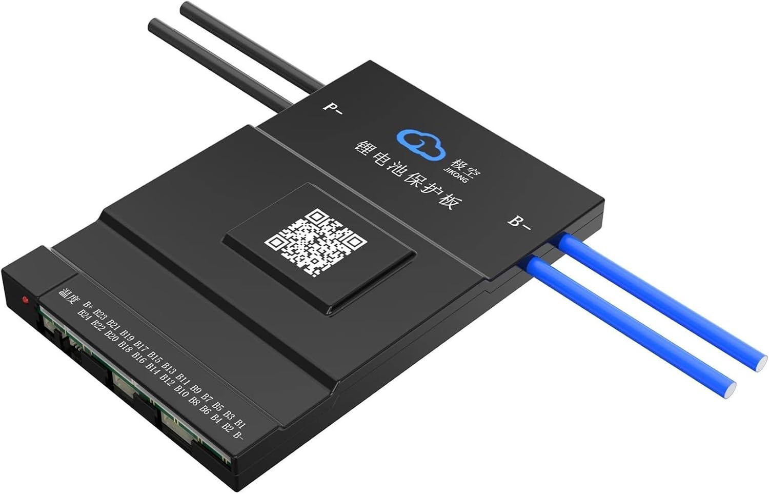 Angled view of the Aoleaby JK Smart Active Balance BMS, showing the main body with the JIKONG logo and a QR code prominently displayed. The P- and B- connections are visible at the top, and the balance port at the bottom.