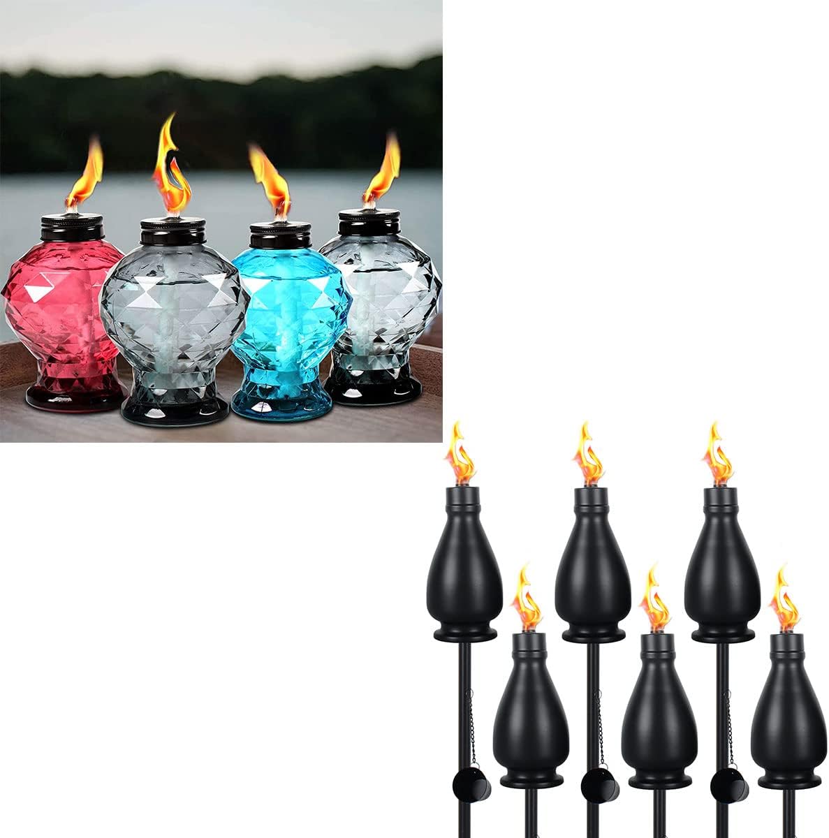 Tewei 6 Pack Metal Torches + 4 Pack Glass Tabletop Torches