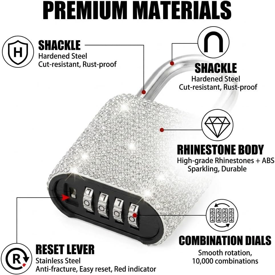 Combination Locks Bling Combo Lock for Gym Locker 4 Digit Number Lock with Code Outdoor Padlock for Gate,Shed(Silver)