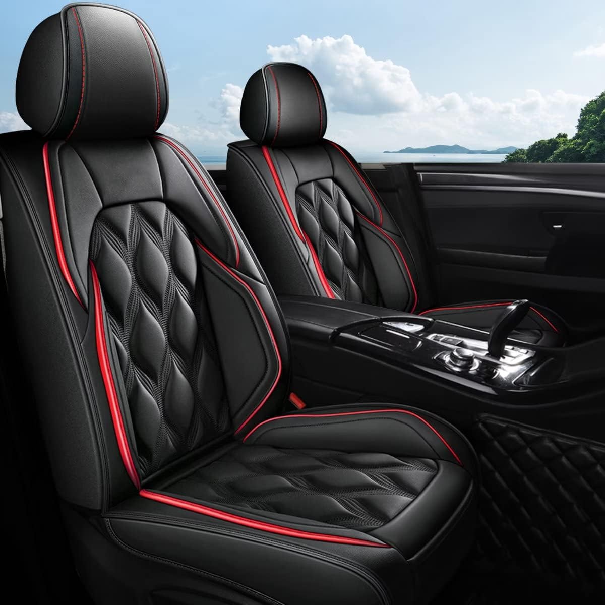 AOMSAZTO Full Set Car Seat Covers Fit for Ford Focus 2009-2018 Leather Automotive Cushion Waterproof Covers Seat Protector with Airbag Compatible (5Seats,Black&Red Line)