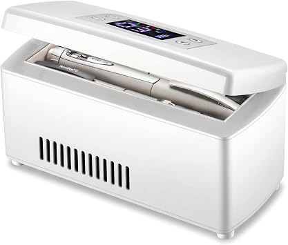 Peptide Cooler, 2-8C Temp Control Peptide Mini Fridge, 1.2x2.2x6.9 inch Insulin Cooler, Semiconductor Cooling, Multi-Power, White, Travel Case