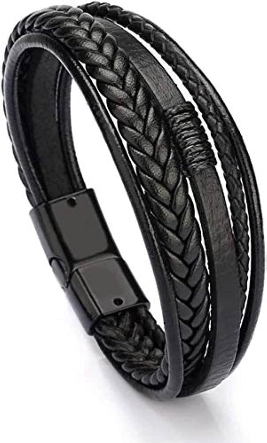 ECVVECVV Multilayer Black PU Leather Bracelet For Men Braided PU Leather Bracelets Wrap Mens Bangles with Magnetic-Clasp Birthday Gift