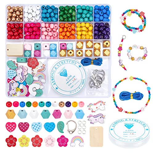 PandaHall 352pcs Kit de perles en bois, Kit de fabrication de porte-clés bracelet coloré Arc-en-ciel fleur feuille coeur bois perles ensemble pour collier porte-clés artisanat fabrication de bijoux