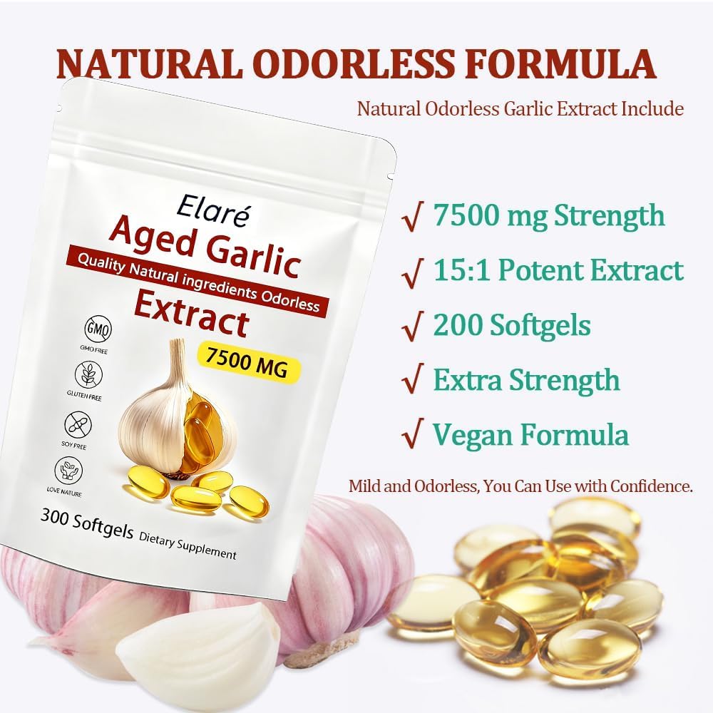 Elare Aged Garlic Extract - 7500mg Odorless, Organic Garlic Extract Capsules | Heart & Immune Antioxidant Supplements, Vegetarian, All-Natural, Non-GMO, 300 Softgels - Image 2