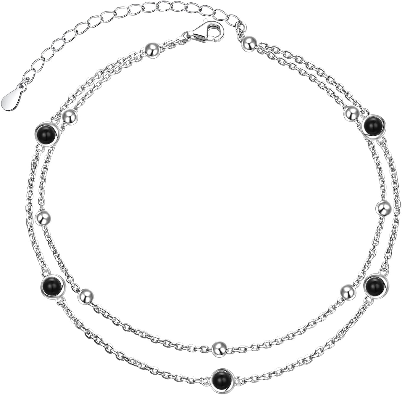 Flyow Anklet for Women S925 Sterling Silver Adjustable Foot Beaded Heart Charm Ankle Bracelet Anklets Jewelry