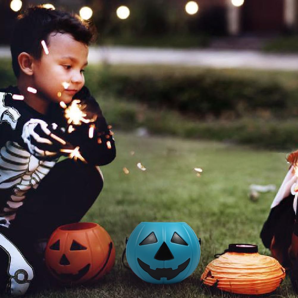 MAGICLULU 2pcs Small Halloween Pumpkin Buckets, Festive Restroom Decoration Party Supplies, Portable Plastic Candy Holder with Handles, Blue