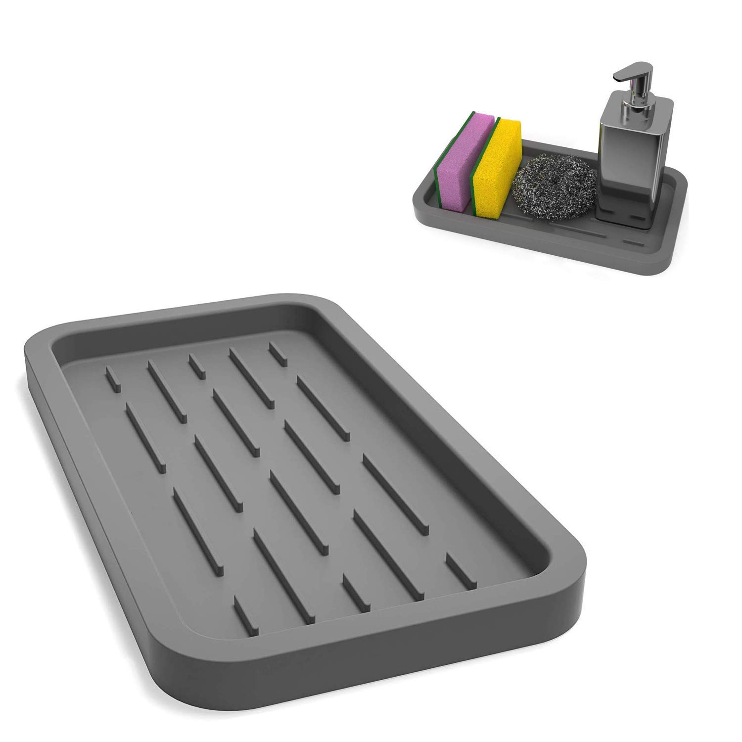 BEING CART Silicone Sponges Holder-Kitchen Sink Organizer 9.96 x 5.5 Inches, Silicone Tray for Sponge-Soap Dispenser-Scrubber and Other Kitchen and Bathroom Accessories Racks Holders (Grey)